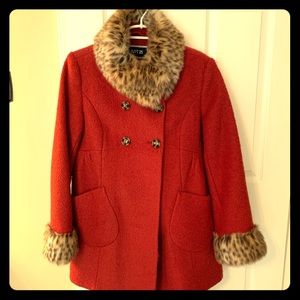 Orange pea coat with fur trim